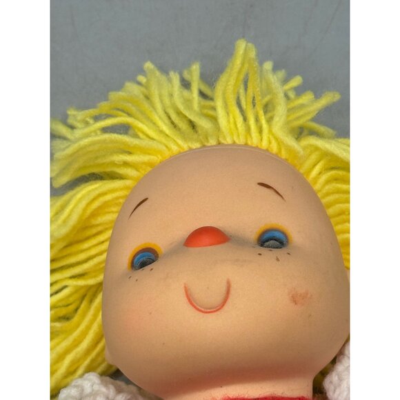 Vintage Handmade Crochet Doll With Yellow Yarn Hair & Red Dress Apron 14" READ - Picture 2 of 9